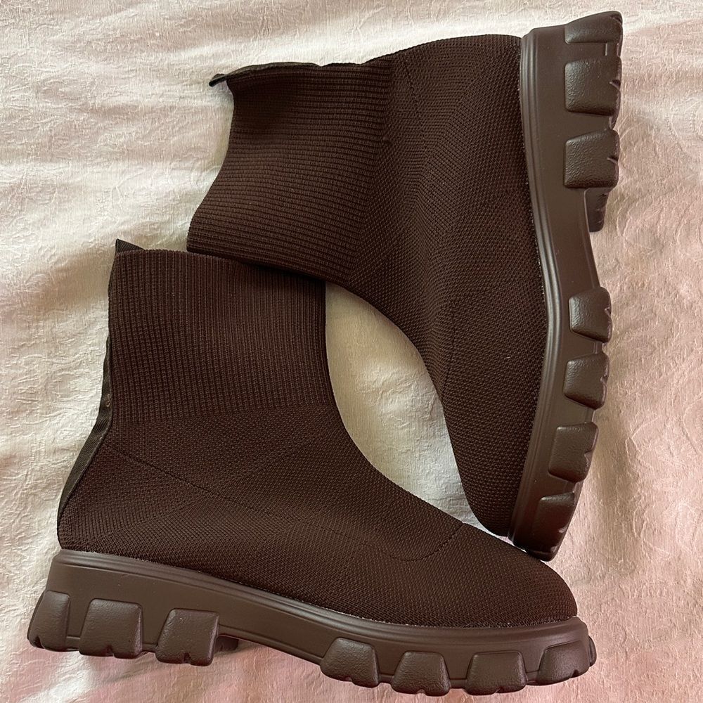 Boots Brown Women's Knit Ankle Stretch Thick Rubber Sole Size 40